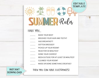 Editable Summer Screen Time Rules, Screen Time Checklist Printable, Summer Chore Chart For Kids, Chore List, Screen Time Tracker, Download