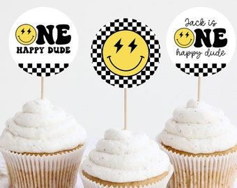 Editable One Happy Dude Cupcake Toppers, One Happy Dude Birthday Decorations Boy, First Birthday Decor, Smile Face Birthday Template, OHD1