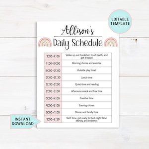 Editable Kids Daily Schedule Template, Daily Checklist For Kids, Daily Routine Printable, Kids Chore Chart, Homeschool Daily Routine Chart