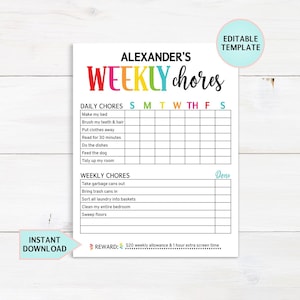 Editable Chore Chart For Kids, Kids Chore Chart, Kids Routine Chart Printable, Daily and Weekly Chore Chart, Screen Time Rewards, Download