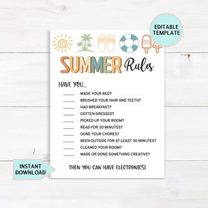 Editable Summer Screen Time Rules, Screen Time Checklist Printable, Summer Chore Chart For Kids, Chore List, Screen Time Tracker, Download