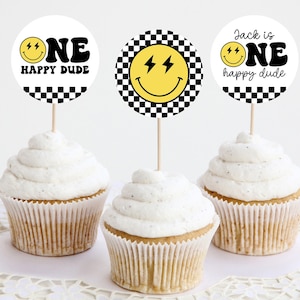 Editable One Happy Dude Cupcake Toppers, One Happy Dude Birthday Decorations Boy, First Birthday Decor, Smile Face Birthday Template, OHD1