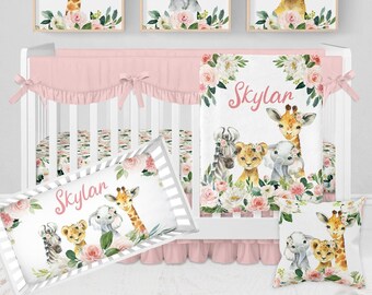 Safari Crib Bedding Set, Baby Girl Nursery Bedding Set, Pink Floral Crib Bedding, Safari Animal Nursery, Elephant Baby Bedding Girl Crib Set