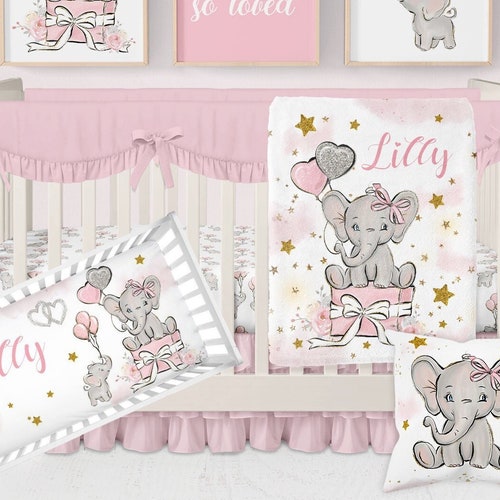 Elephant Baby Bedding Set Pink Floral Crib Bedding Girl Etsy