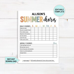Editable Summer Chore Chart, Printable Chore Chart For Kids, Summer Routine, Daily and Weekly Chore Chart, Screen Time Rewards, Download