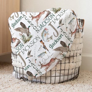Personalized Hunting Fishing Blanket, Hunting Baby Blanket, Mallard Duck Hunting Blanket, Deer Baby Name Blanket, Personalized Baby Boy Gift