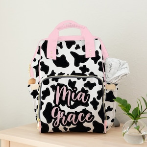 Pink Cow Print Diaper Bag, Custom Diaper Bag Backpack, Girl Diaper Bag, Baby Shower Gift, Personalized Baby Bag, Multiuse Backpack, Mom Gift