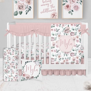 Baby Girl Crib Bedding Set, Floral Nursery, Floral Crib Bedding, Crib Sheets Girl, Rose Pink Crib Bedding, Girl Nursery Bedding, Boho Floral