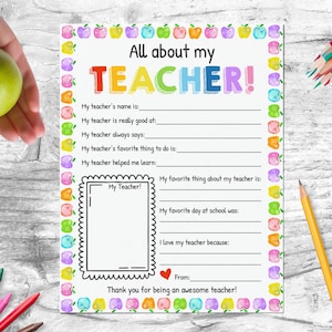 Teacher Appreciation Gift, All About My Teacher Fill In, End Of Year Teacher Thank You Gift, Teacher Appreciation Week Printable, Download