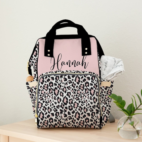 Leopard Diaper Bag, Custom Diaper Bag, Girl Diaper Bag Backpack, Baby Shower Gift, Personalized Baby Bag, Multiuse Backpack, New Mom Gift