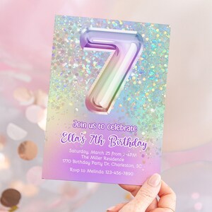 Editable 7th Birthday Invitation Girl, Seventh Birthday Invite For Girl, Pastel Rainbow Glitter Invitation Template Instant Download Digital