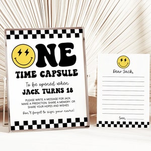 Capsule temporelle One Happy Dude, un signe d'anniversaire joyeux mec imprimable, cartes de correspondance assorties, modèle modifiable de décoration 1er anniversaire OHD1