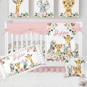 Safari Crib Bedding Set, Baby Girl Nursery Bedding Set, Pink Floral Crib Bedding, Safari Animal Nursery, Elephant Baby Bedding Girl Crib Set