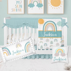 Rainbow Crib Bedding Set, Baby Boy Crib Bedding, Rainbow Nursery, Boho Crib Bedding, Crib Sheets Boy, Teal, Orange, You Are My Sunshine Crib