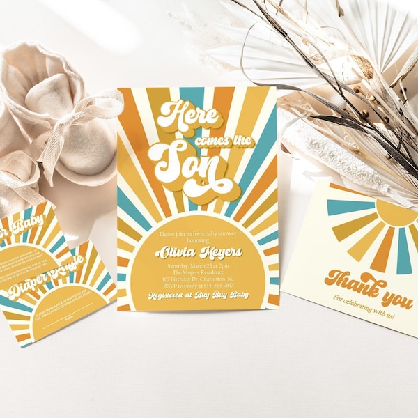 Here Comes The Son Baby Shower Invitation Set, Editable Sunshine Baby Shower Invite Boy, Retro Sun Baby Shower Invite Template Download RSB1