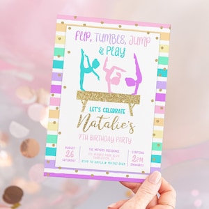 Editable Gymnastics Birthday Invitation, Gymnastics Party Invitation Template, Jump Tumble & Play Girl Rainbow Gymnastics Birthday Invite