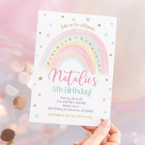 Editable Rainbow Birthday Invitation, Rainbow Invitation, Colorful Pastel Rainbow Party Invite, Girl Birthday Invitation Instant Download