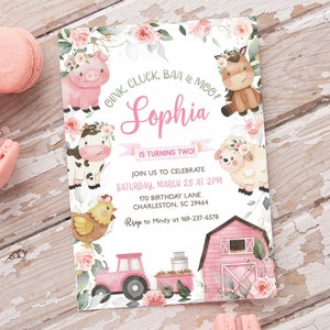 Girl Farm Birthday Invitation, Editable Floral Farm Animals Party Invite, Pink Barnyard Party Invitation For Girls, Download Template FAB1