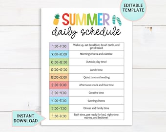 Editable Kids Daily Schedule Template, Summer Schedule Printable, Daily Checklist For Kids, Summer Daily Routine Chart Checklist, Download