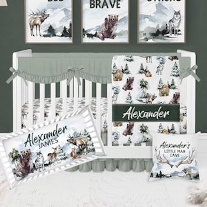 Woodland Crib Bedding Set, Baby Boy Crib Bedding Set, Woodland Nursery, Boy Nursery Bedding, Mountain, Forest Crib Bedding, Woodland Animals