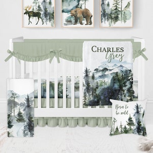 Forest Crib Bedding Set, Baby Boy Crib Bedding, Woodland Crib Bedding, Forest Trees and Mountains Crib Bedding Set, Crib Bedding Set Boy