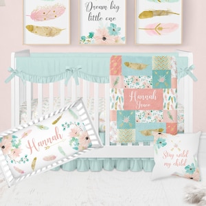 Boho Crib Bedding Set, Baby Girl Crib Bedding, Boho Nursery, Personalized Baby Girl Blanket, Coral, Mint, Feathers, Arrows, Floral Boho Baby