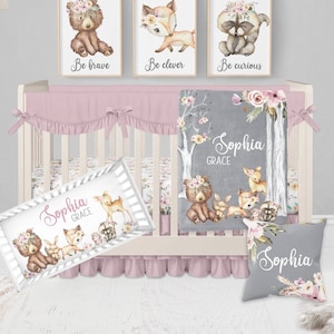 Forest Animals Crib Bedding Set Bear Girl Crib Bedding Cute Personalized Baby Girl Bedding Nursery Bedding Woodland Girl Bedding Set Etsy Canada