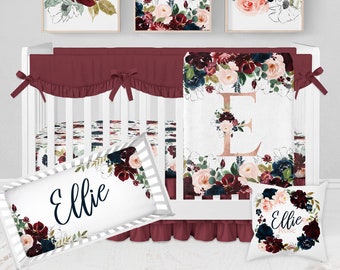 Floral Crib Bedding Set, Crib Bedding Set Girl, Floral Nursery Bedding Set, Burgundy Crib Bedding, Crib Sheets Girl, Navy Blush Pink Floral