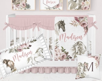 Horse Crib Bedding, Crib Bedding Set Girl, Horse Nursery, Pink Floral Crib Bedding, Western Girl Nursery Bedding, Horse Baby Bedding Farm