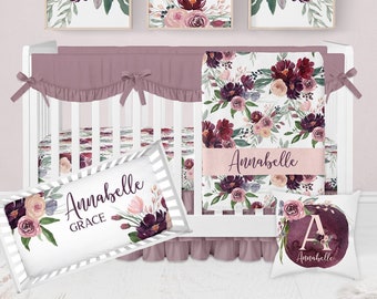 Floral Crib Bedding Set, Baby Girl Crib Bedding, Personalized Baby Blanket, Vintage Floral Nursery, Burgundy Crib Bedding Pink Purple Floral