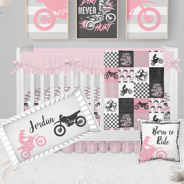 Dirt Bike Baby Bedding Set, Baby Girl Crib Bedding, Pink Motocross Crib Bedding Set, Girl Nursery Bedding, A Little Dirt Never Hurt Blanket