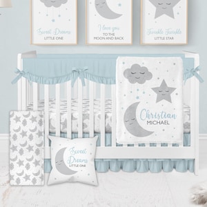 Baby Boy Crib Bedding Set, Moon and Stars Crib Bedding, Baby Boy Nursery Bedding Set, Crib Sheets Boy, Grey Blue Crib Bedding, Cloud Nursery
