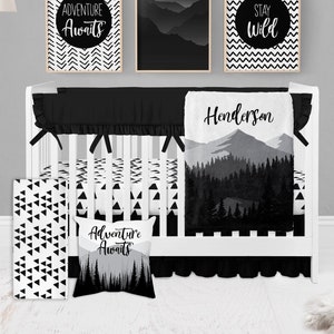 Black And White Crib Bedding Set, Boy Crib Bedding, Black And White Nursery, Mountain Crib Bedding, Adventure Crib Bedding, Crib Sheets Boy