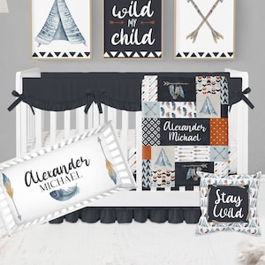 Boho Crib Bedding Set Boy, Baby Boy Crib Bedding Set Boho Nursery, Personalized Baby Boy Blanket, Boho Baby Blanket Navy Blue, Orange, Arrow