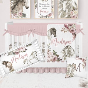 Horse Crib Bedding, Crib Bedding Set Girl, Horse Nursery, Pink Floral Crib Bedding, Western Girl Nursery Bedding, Horse Baby Bedding Farm