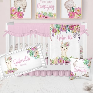 Lama Wieg Beddengoed Set, Baby Meisje Wieg Beddengoed, Wieg Lakens Meisje, Pastel Bloemen Wieg Beddengoed, Boho Wieg Beddengoed Set, Lama Kinderbed Beddengoed