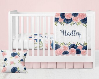 Floral Crib Bedding Set, Personalized Baby Girl Crib Bedding Set, Custom Crib Sheets Girl, Navy Blush Floral Nursery, Pink Crib Bedding Sets