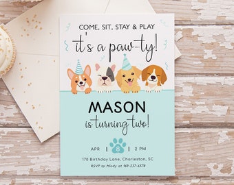 Dog Birthday Invitation, Puppy Pawty Invitation, Editable Birthday Invitation Boy, Lets Pawty Birthday Invitation For Boys, Instant Download
