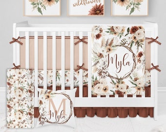 Boho Crib Bedding Set, Baby Girl Crib Bedding Set, Boho Floral Girl Nursery Bedding Set, Rust Tan Rustic Baby Bedding, Boho Crib Sheets Girl
