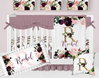 Floral Crib Bedding Set, Girl Crib Bedding, Personalized Baby Blanket, Watercolor Floral Nursery, Vintage Floral, Burgundy Pink Mauve Purple
