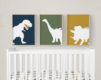 Dinosaur Prints, Set of 3 Dinosaur Nursery Prints, Dinosaur Nursery Decor, Baby Boy Nursery, Dinosaur Wall Art, Navy Blue, Green, Mustard