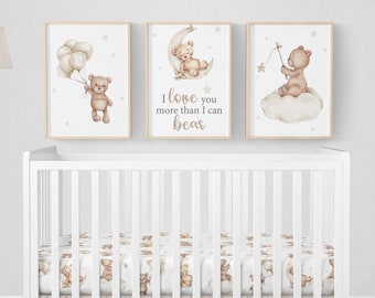 Teddy Bear Nursery Prints, Bear Nursery Decor, Set of 3 Teddy Bear Print, Neutral Nursery Prints, Boy Nursery Wall Decor, Baby Boy Prints
