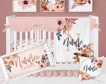 Boho Crib Bedding Set Girl, Baby Girl Crib Bedding, Floral Crib Bedding, Floral Boho Nursery Bedding, Pink, Orange, Rust, Crib Sheets Girl
