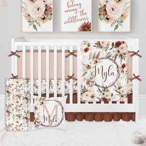 Boho Crib Bedding Set, Baby Girl Crib Bedding Set, Boho Floral Girl Nursery Bedding Set, Rust Tan Rustic Baby Bedding, Boho Crib Sheets Girl