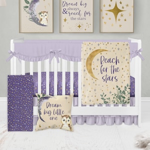 Owl Crib Bedding Set, Purple Moon and Stars Crib Bedding, Baby Girl Crib Bedding Set, Moon Stars Nursery, Star Nursery Bedding, Owl Nursery