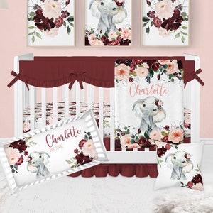 Elephant Baby Bedding Set, Baby Girl Crib Bedding Set, Burgundy Blush Floral Crib Bedding, Crib Sheet Girl, Floral Elephant Nursery, Safari