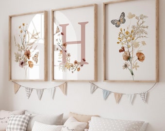 Láminas personalizadas de flores silvestres para la habitación del bebé, láminas personalizadas de flores silvestres, decoración de flores silvestres para la habitación del bebé, decoración para la habitación de niña, arte floral bohemio para la pared