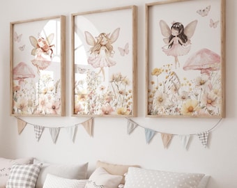 Fairy Garden Nursery Decor, Fairy Nursery Wall Art Girl, Baby Girl Nursery Prints, Pink Wildflower Nursery Decor, Fairy Toddler Room Decor