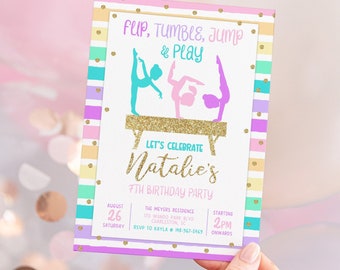 Invitación de cumpleaños editable para gimnastas, plantilla de invitación para fiesta de gimnasia, invitación de cumpleaños de gimnasia arcoíris para niñas saltando, dando volteretas y jugando.