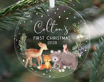 Eerste kerst bos schepsel ornament, gepersonaliseerde baby's eerste kerst ornament 2023, bosrijke aangepaste baby ornament, 1e kerst